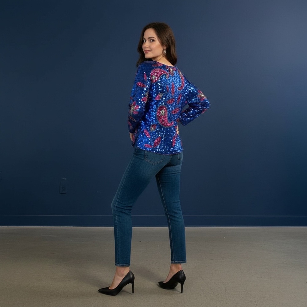 Vtg. Blue and Pink Sequin Blouse - Picture 4 of 12